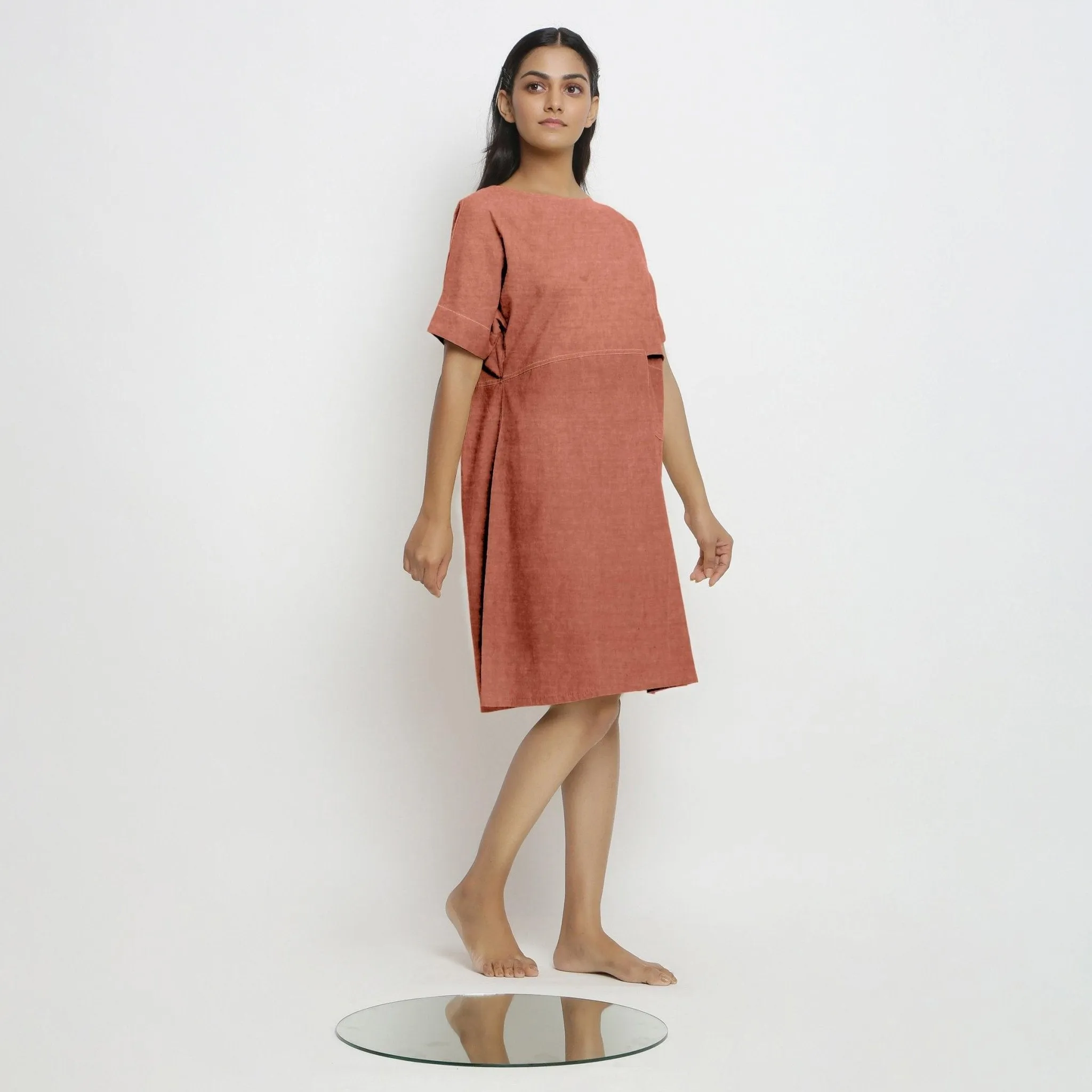 Rust 100% Linen Yoked Knee Length Shift Dress