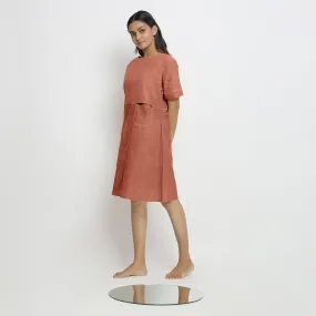 Rust 100% Linen Yoked Knee Length Shift Dress