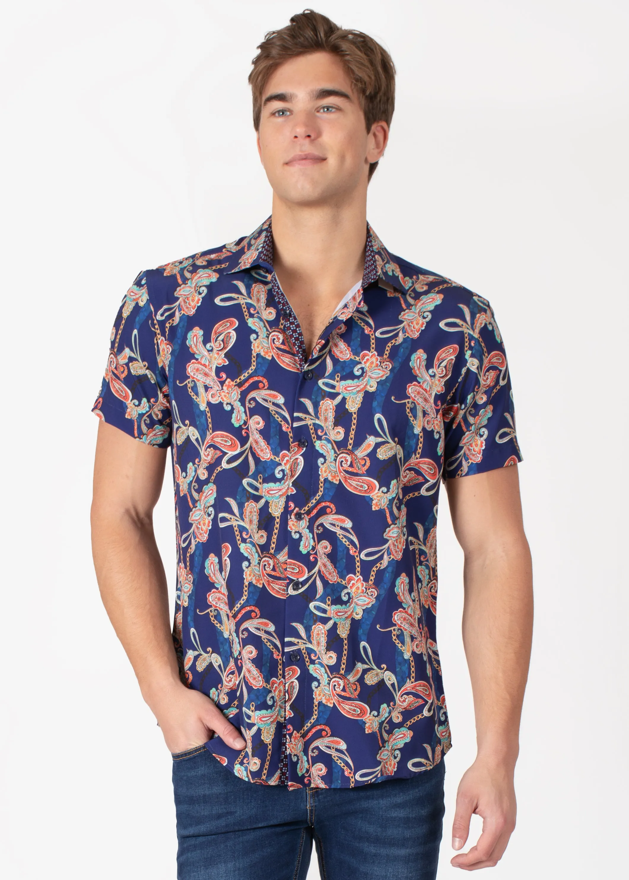 Short Sleeve Navy Dress Shirt with Abstract Paisley Print