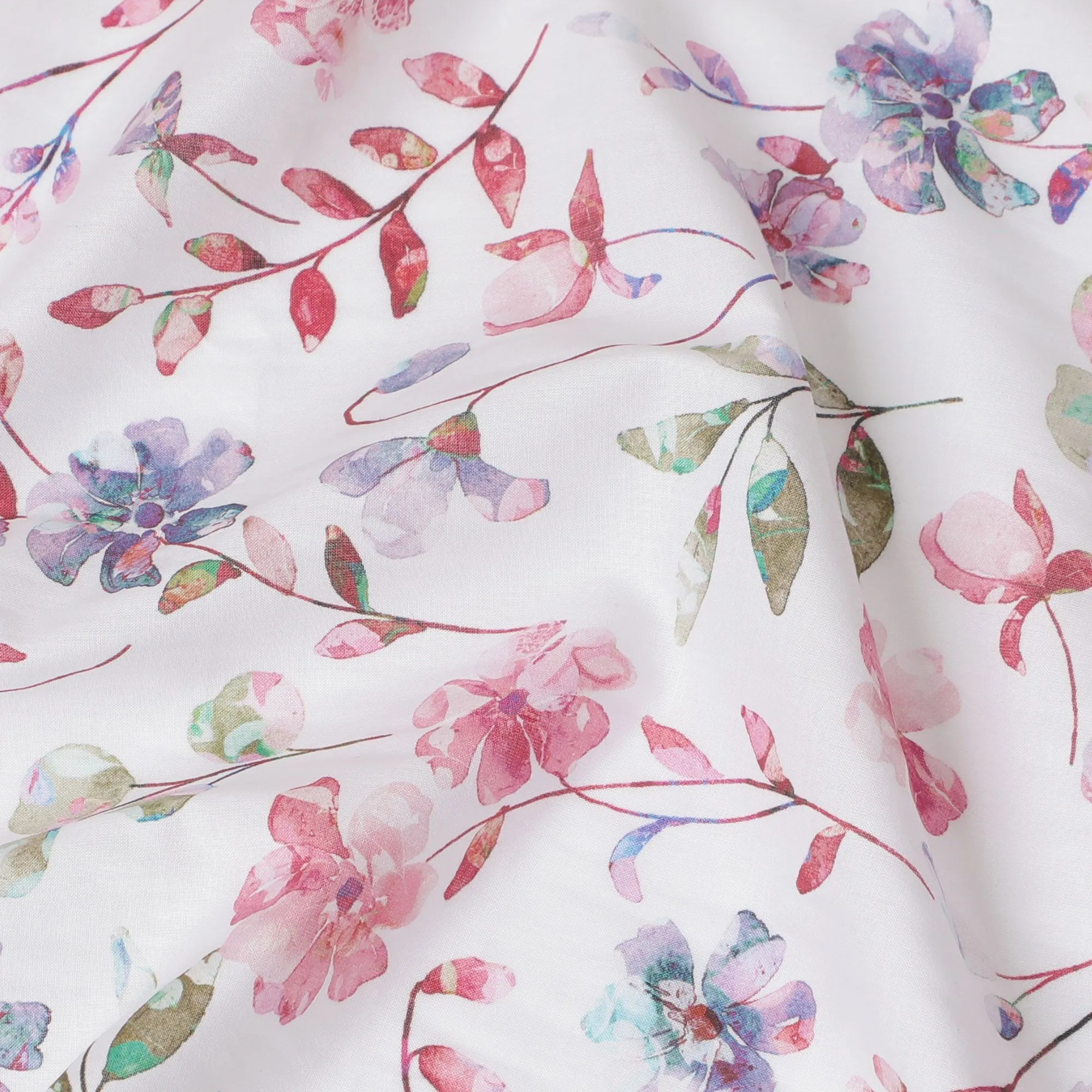 Spring Blossom Cotton Voile Fabric - 110cm Wide, Delicate Watercolor Floral from India-D18535