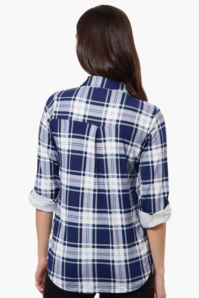 Urbanology Plaid Roll Up Sleeve Button Up Shirt - Blue