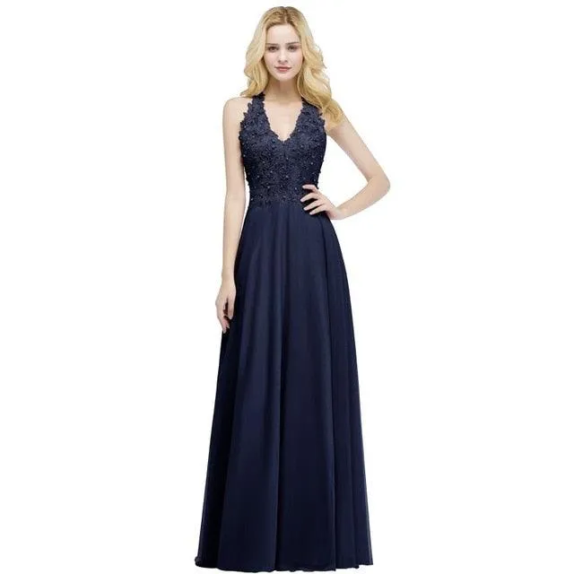 V Neck Sleeveless Applique Wedding Party Dress