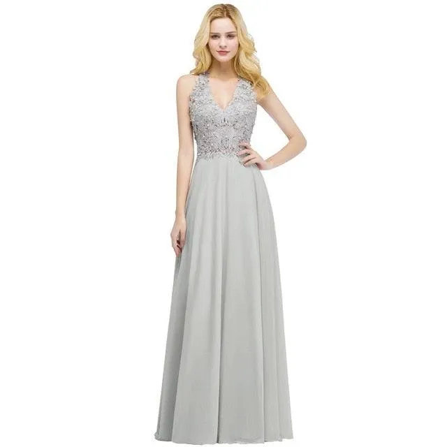 V Neck Sleeveless Applique Wedding Party Dress