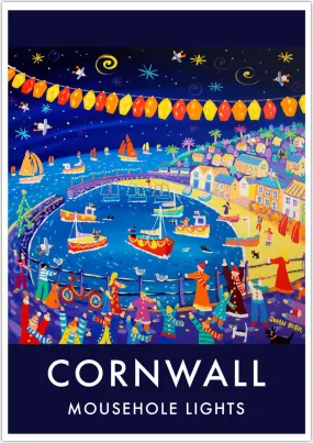 Vintage Style Coastal Seaside Travel Poster Art Prints by Cornish Artist John Dyer. Mousehole Harbour Lights, Cornwall