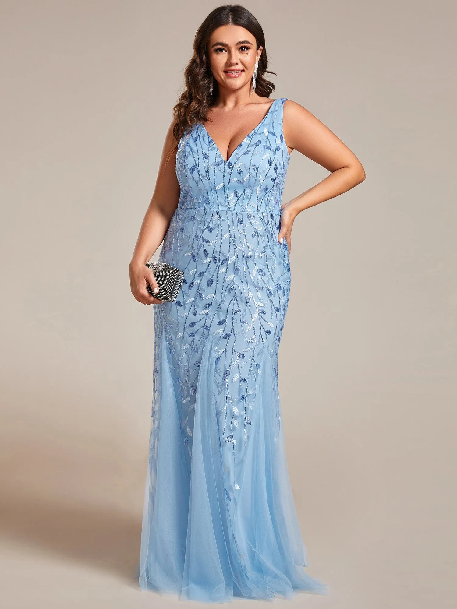 Women's Double V-Neck Fishtail Sequin Evening Dress