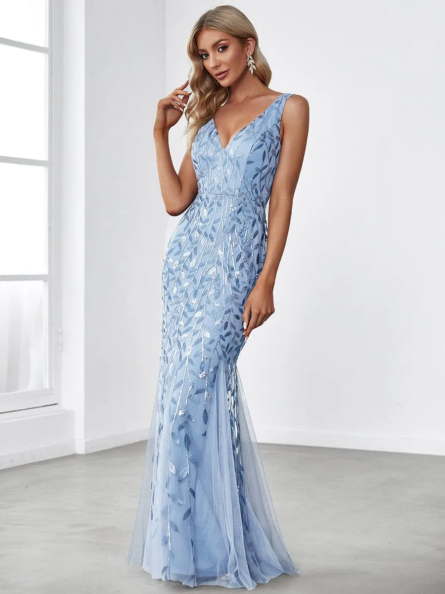 Women's Double V-Neck Fishtail Sequin Evening Dress