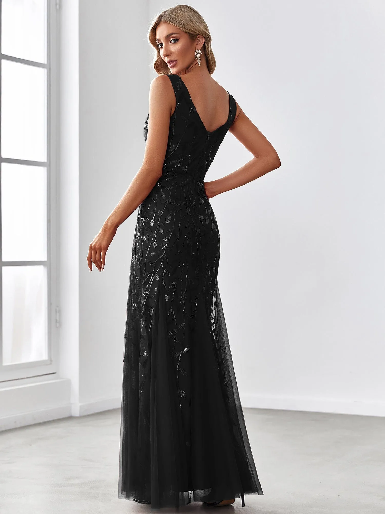 Women's Double V-Neck Fishtail Sequin Evening Dress