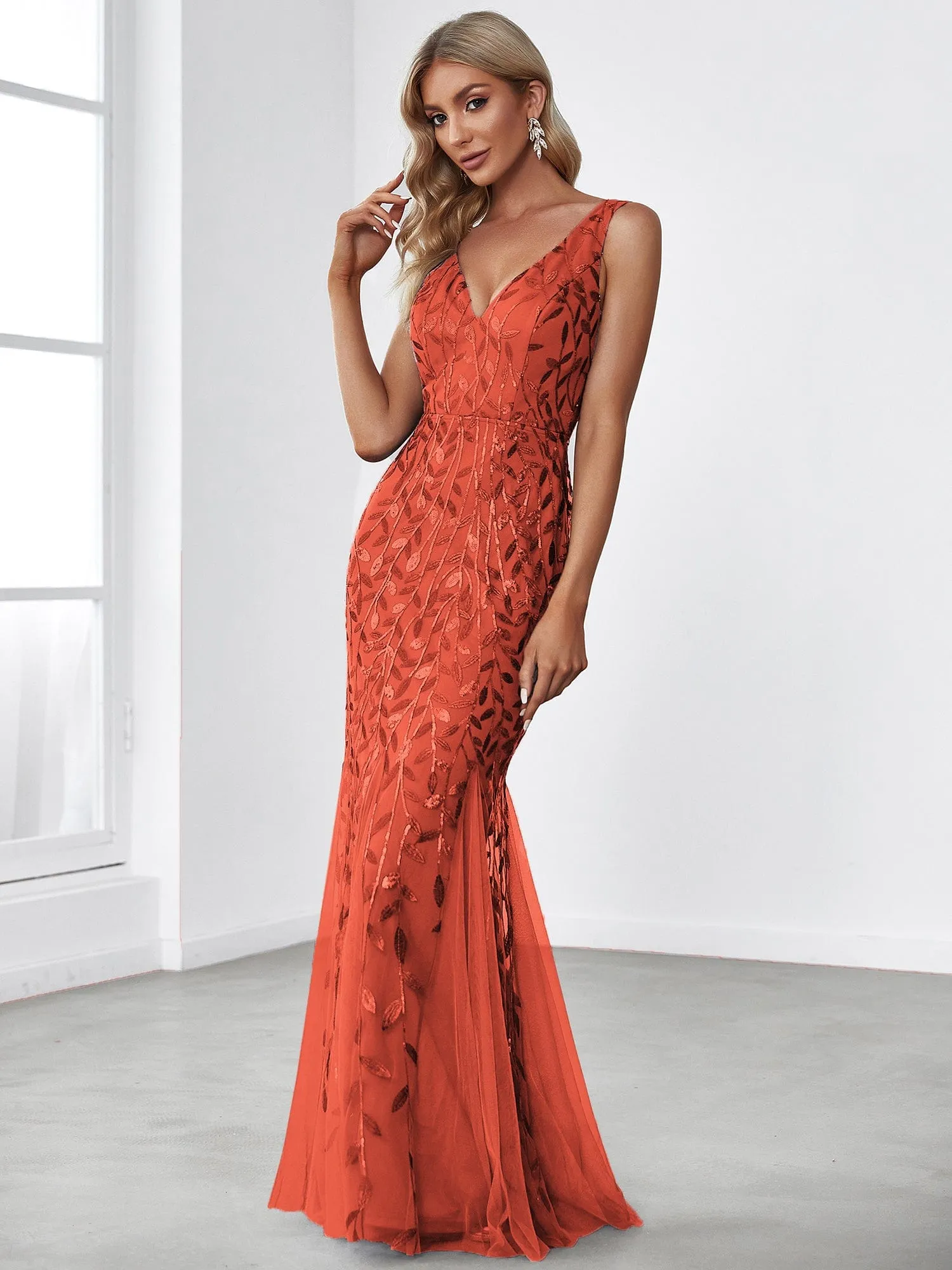 Women's Double V-Neck Fishtail Sequin Evening Dress