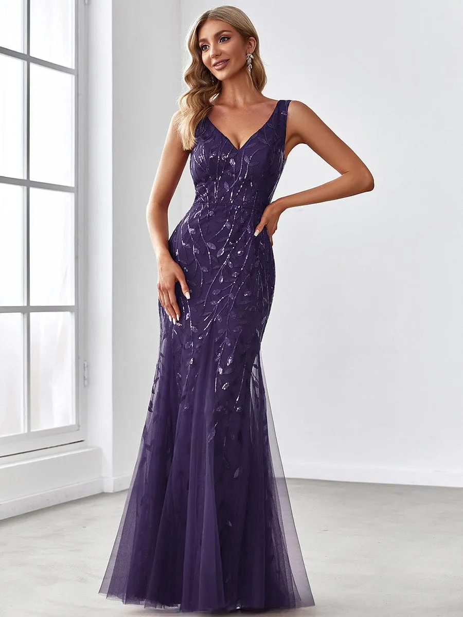 Women's Double V-Neck Fishtail Sequin Evening Dress