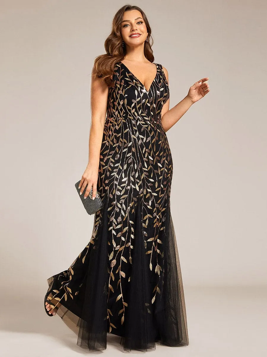 Women's Double V-Neck Fishtail Sequin Evening Dress