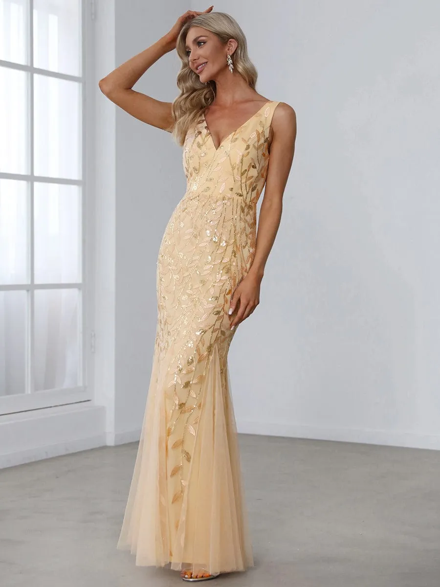 Women's Double V-Neck Fishtail Sequin Evening Dress