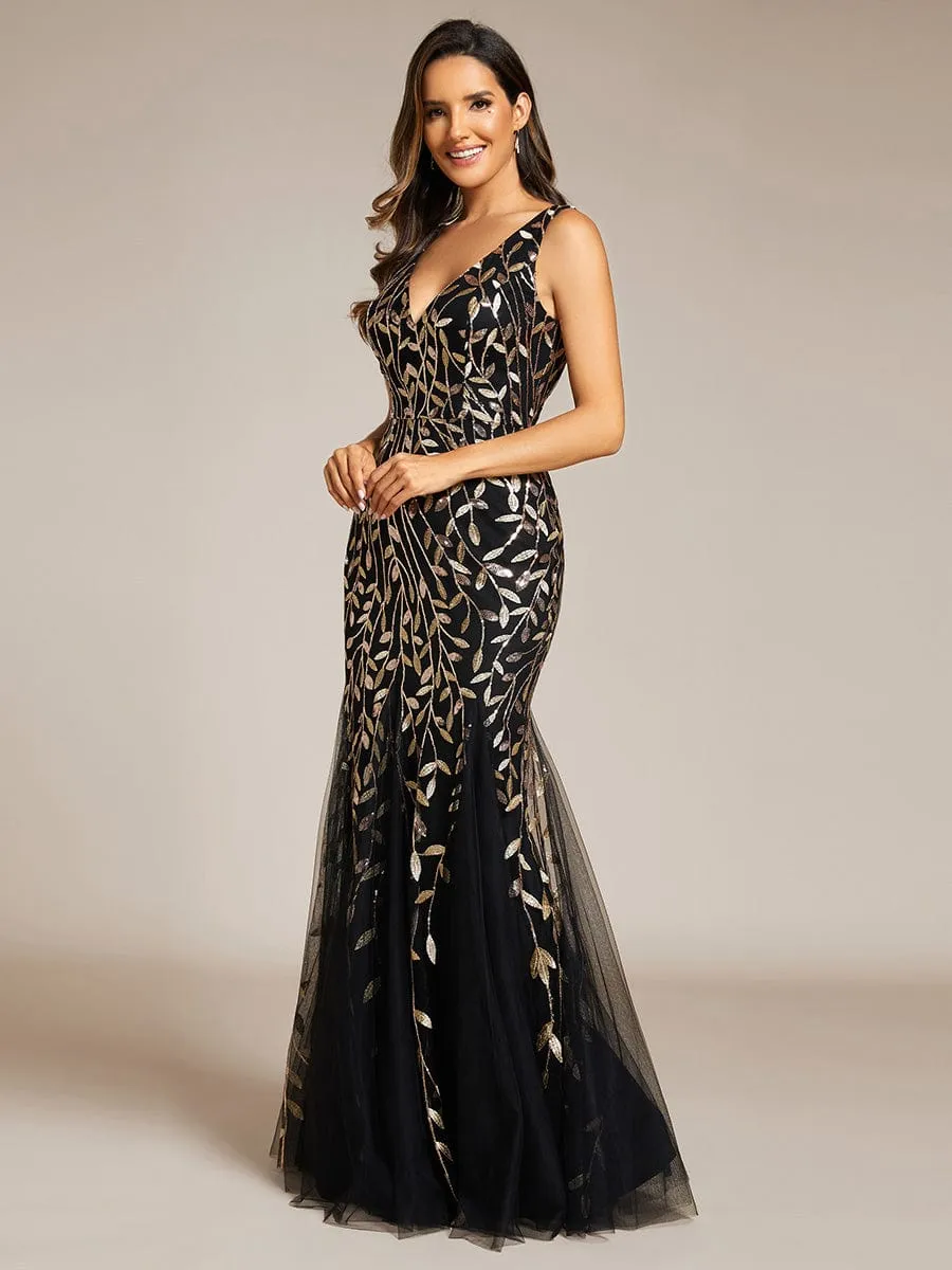 Women's Double V-Neck Fishtail Sequin Evening Dress