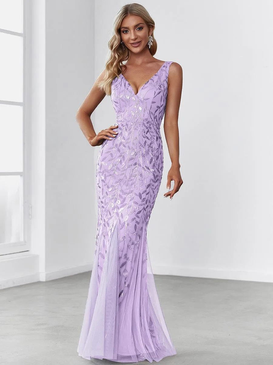 Women's Double V-Neck Fishtail Sequin Evening Dress