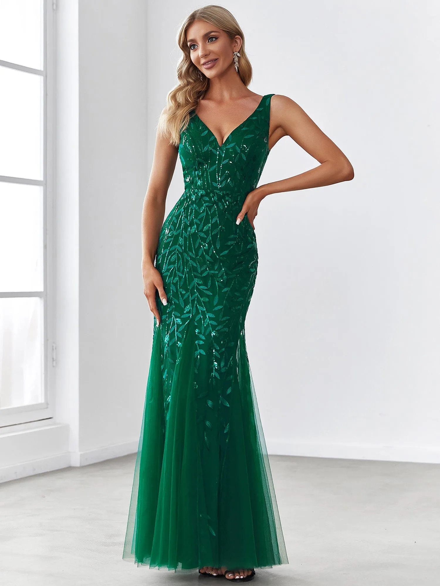 Women's Double V-Neck Fishtail Sequin Evening Dress