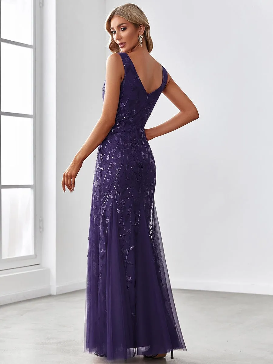 Women's Double V-Neck Fishtail Sequin Evening Dress