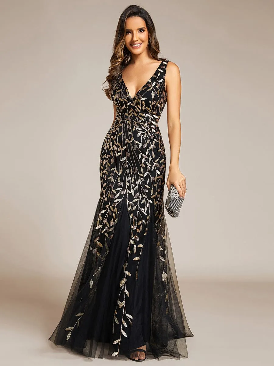 Women's Double V-Neck Fishtail Sequin Evening Dress