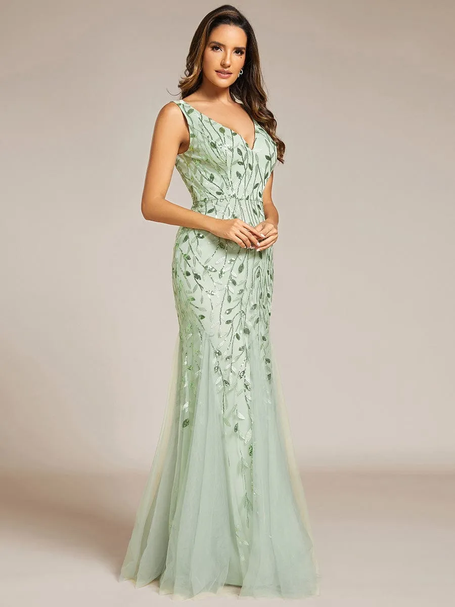 Women's Double V-Neck Fishtail Sequin Evening Dress